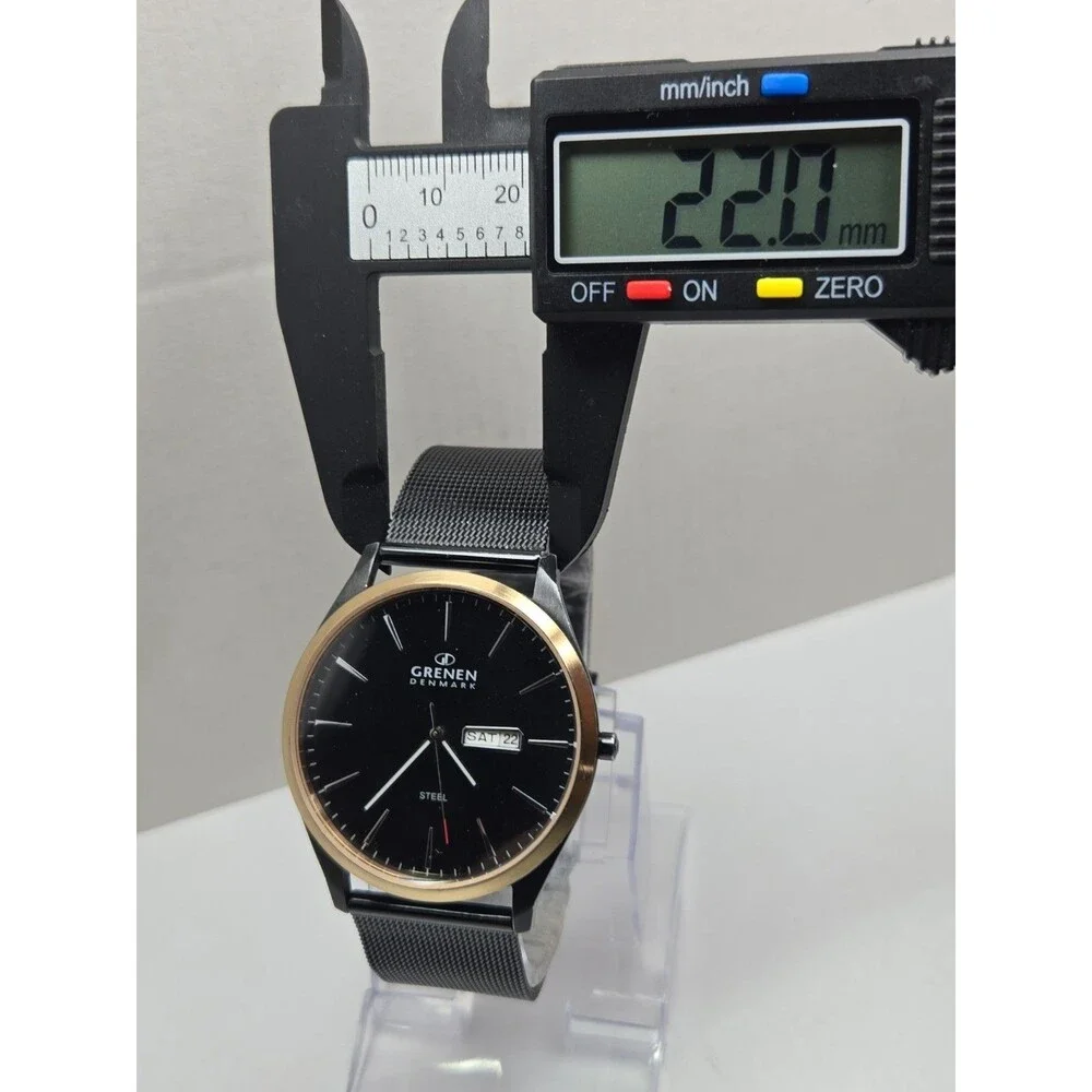 Mens Grenen by Skagen Black Gold Tone Steel Mesh 41mm Day Date Watch New Battery